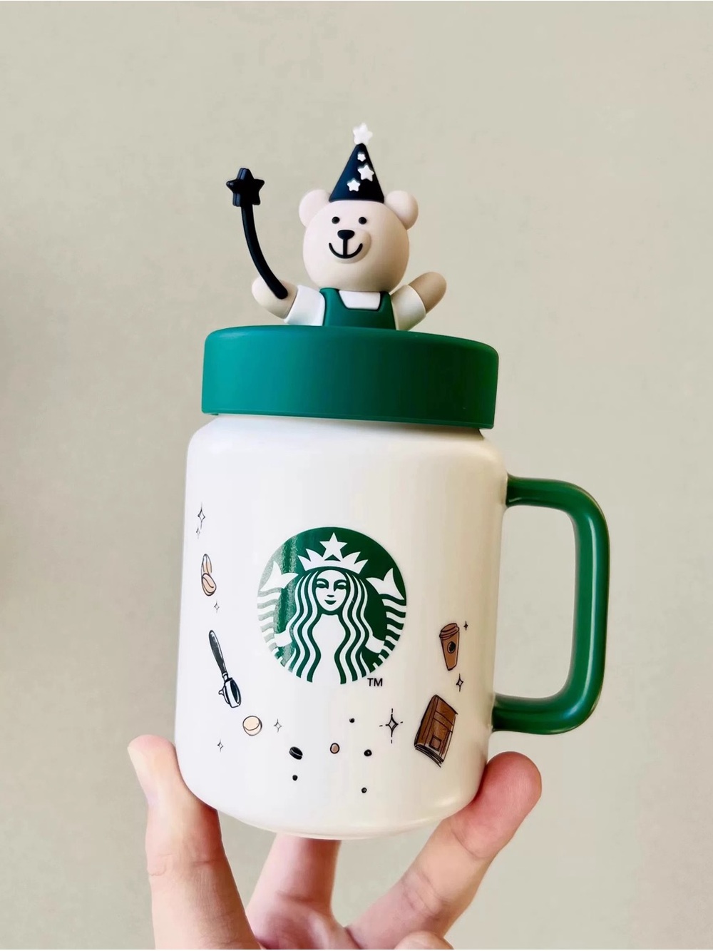 Starbucks White Mug with Green Lid, Handle & Bear Topper
